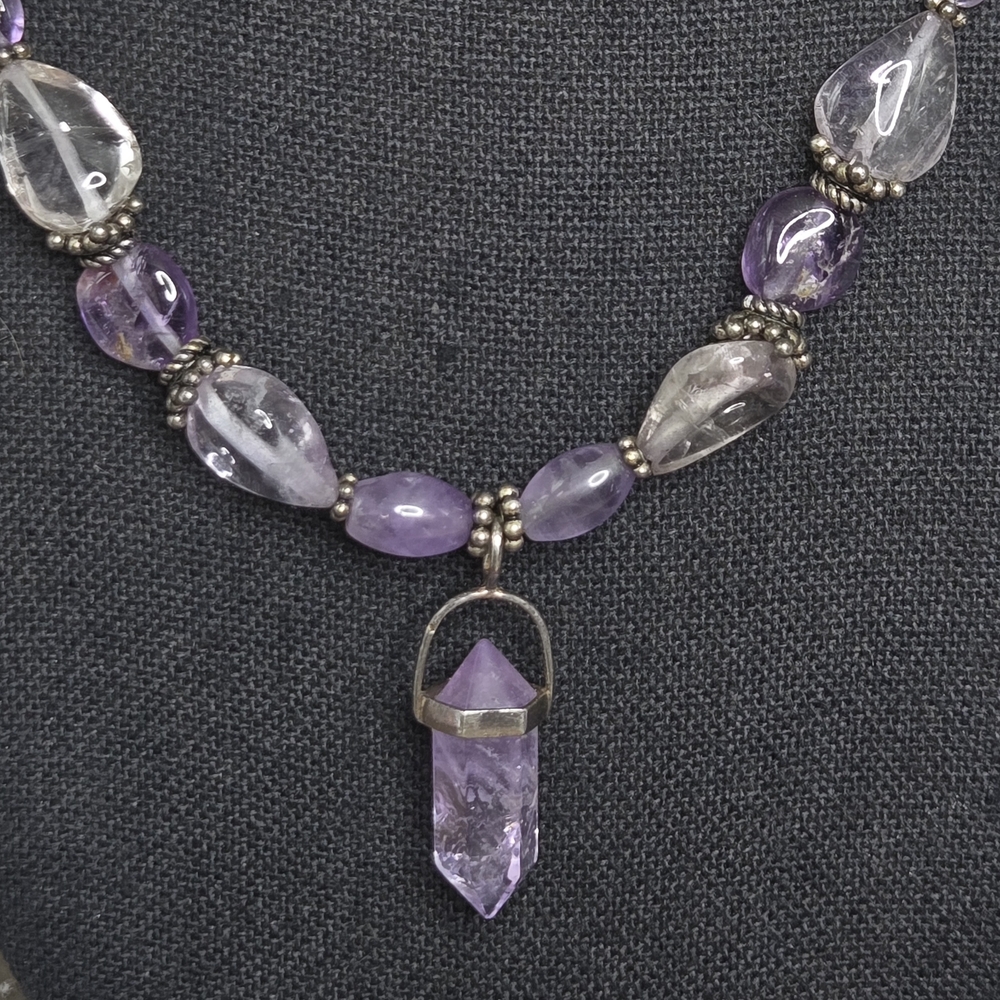 Vintage Amethyst Clear Quartz Sterling Silver Beaded Necklace